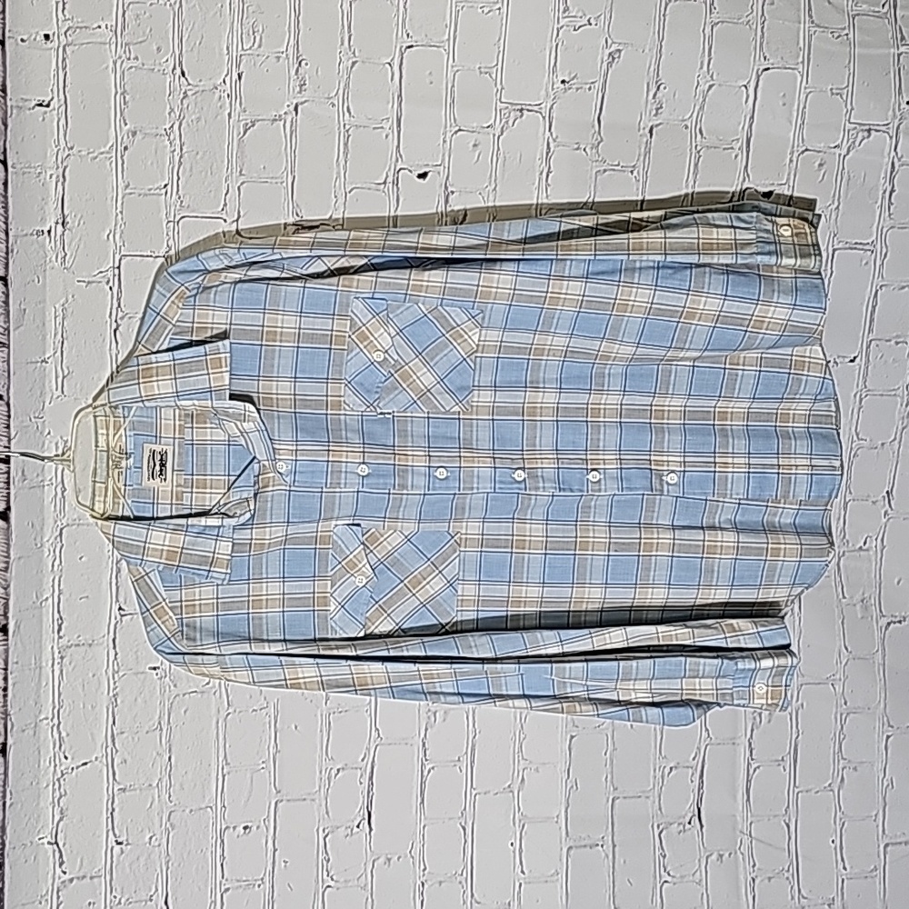 Levi's vintage button up western plaid shirt sz XL blue tan MT63